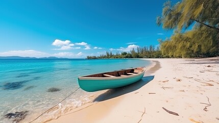 Small boat on a beautiful tropical beach with white sand and clear blue water