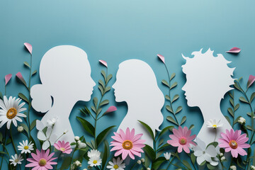 international woman's Day card of papercut girls and flowers