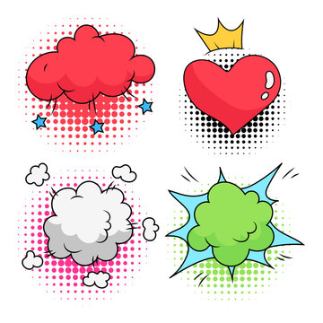 Comic Dynamic Icon With Halftone Dots Background In Pop Art Style. Isolated Vector Set.