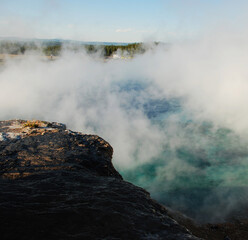 Spectacular panoramic views of Grand Prismatic Geyser in Yellowstone National Park, Wyoming Montana. Midway Geyser Basin. Great hiking. Summer wonderland to watch natural landscape. Geothermal.