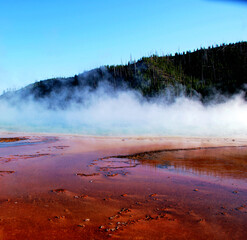 Spectacular panoramic views of Grand Prismatic Geyser in Yellowstone National Park, Wyoming Montana. Midway Geyser Basin. Great hiking. Summer wonderland to watch natural landscape. Geothermal.