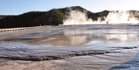 Spectacular panoramic views of Grand Prismatic Geyser in Yellowstone National Park, Wyoming Montana. Midway Geyser Basin. Great hiking. Summer wonderland to watch natural landscape. Geothermal.