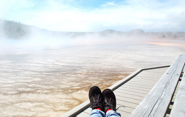 Spectacular panoramic views of Grand Prismatic Geyser in Yellowstone National Park, Wyoming Montana. Midway Geyser Basin. Great hiking. Summer wonderland to watch natural landscape. Geothermal.