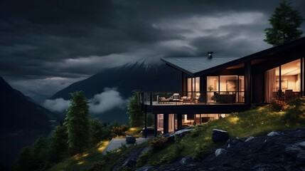 Modern mountain house with stunning mountain views at dusk