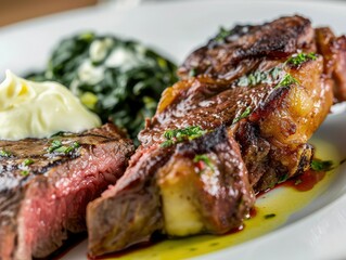 Medium Rare Ribeye steak on wooden board, selected focus.