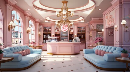 Pink and blue pastel Kawaii cafe interior