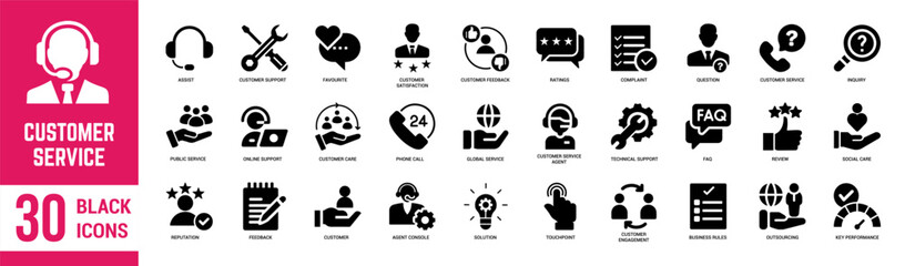 Customer Service solid icons set. Support, customer service, assistance, feedback, help, technical support, help desk and customer satisfaction. Vector illustration. - obrazy, fototapety, plakaty