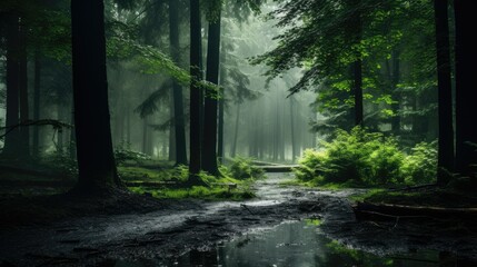 The road was muddy in the middle of a dense forest, a dense green forest wet from rain with little sunlight