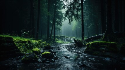 Sight of a muddy trail amidst a dense forest, a vibrant green forest drenched by rain with scarce sunlight