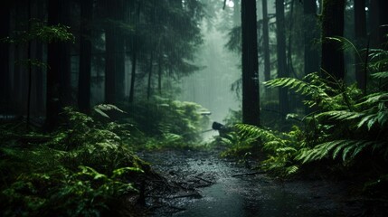 Scene of a muddy pathway in the heart of a dense forest, a dense green forest dampened by rain with limited sunlight - obrazy, fototapety, plakaty