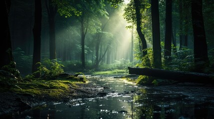 Scene of a muddy pathway surrounded by a dense forest, a rich green forest soaked by rain with scarce sunlight - obrazy, fototapety, plakaty