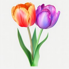 Two tulips with green leaves