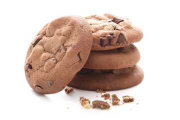 Close up of delicious chocolate chip cookies set on background