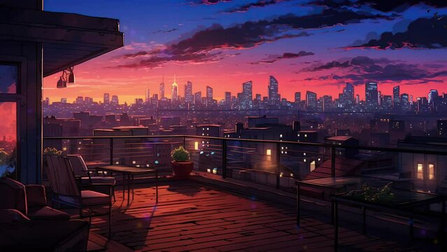 Dusk Over the City: Rooftop Panorama View. 4K Seamless Looping Video Background.
