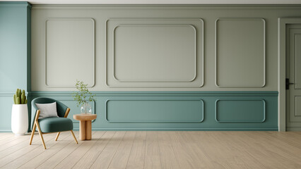 Modern luxury living room interior ,Green  wall mockup with green armchair on wood floor .3d rendering