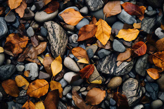 Close up photograph of a natural scene, autumn leaves among smooth river stones