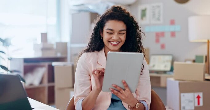 Fashion, designer and tablet for online shop, e commerce logistics and management or stock, sales or profit. Happy woman with small business startup, clothes order and courier on digital technology