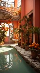 Indoor tropical atrium with pool