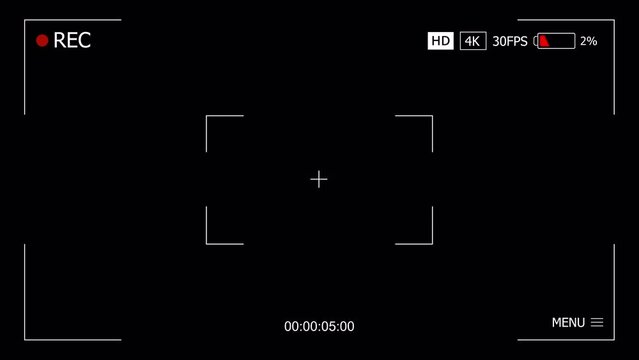 4K overlay resolution of camera viewfinder recording with low battery status on alpha channel background in 60 seconds.