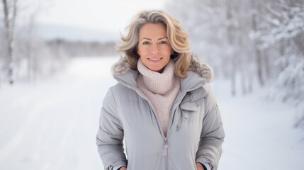 Obraz premium Front view portrait of senior woman with hat and mittens outdoors standing in snowy nature.