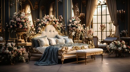 Ornate golden bed in a room with flowers