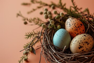 Naklejka na ściany i meble Nest with colorful Easter eggs and spring flowers on a peach colored background
