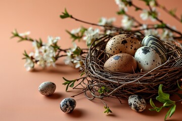Obraz premium Nest with colorful Easter eggs and spring flowers on a peach colored background
