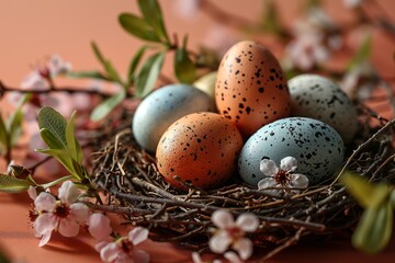 Naklejka na ściany i meble Nest with colorful Easter eggs and spring flowers on a peach colored background