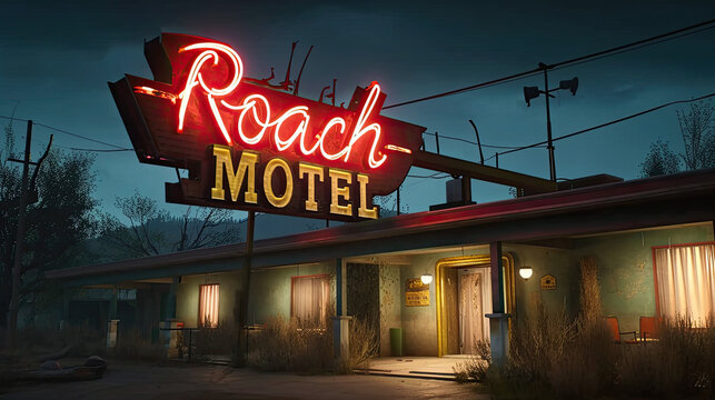 Neon sign for a roach motel - cockroach infested hotel, sleazy cheap roadside accommodation