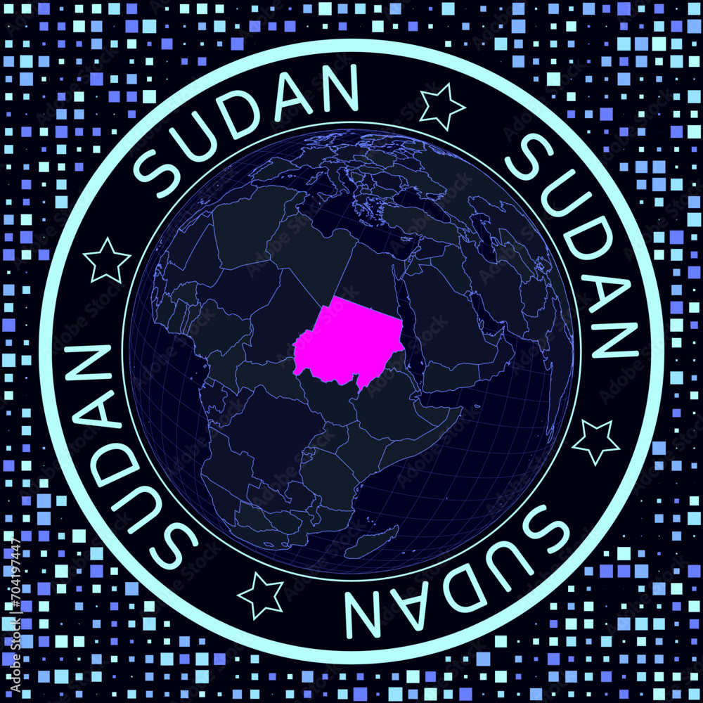 Poster sudan on globe vector. futuristic satellite view of the world centered on sudan. geographical illust