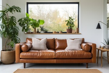 brown leather sofa in a living room with plants