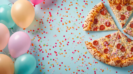 Pizza party graphic banner with balloons and confetti - copyspace