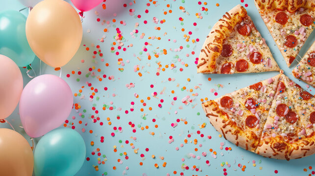 Pizza party graphic banner with balloons and confetti - copyspace