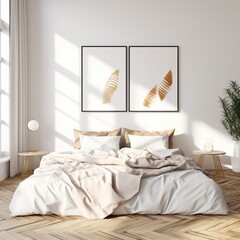 Elegant bedroom interior with two golden leaf prints