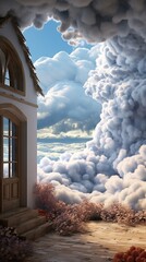 A house in the clouds with a beautiful sky