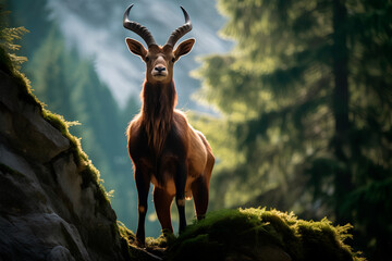 In a breathtaking European woodland,nestled near a cliff,a majestic chamois posed for a portrait with antlers reaching towards the sky,symbolizing the harmonious connection between nature and wildlife