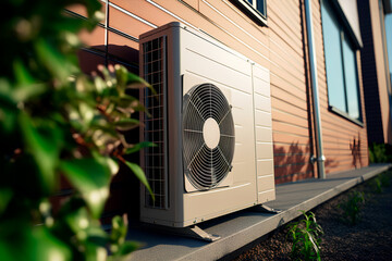 Outside a house, a modern heating, ventilation, and air conditioning system with a heat pump is installed on the grass.
