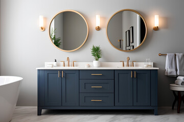 Brand new luxury home showcases a beautiful bathroom flooded with light, featuring a spacious vanity with dark blue cabinets, two sinks, a bathtub, circular mirrors, and a stylish closet. - obrazy, fototapety, plakaty