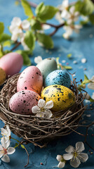 Fototapeta na wymiar Nest Adorned with Colorful Easter Eggs and Flowers, Set Against a Blue Background, Evoking the Joyful Spirit of Easter Celebrations