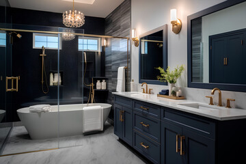 Brand new luxury home showcases a beautiful bathroom flooded with light, featuring a spacious vanity with dark blue cabinets, two sinks, a bathtub, circular mirrors, and a stylish closet.