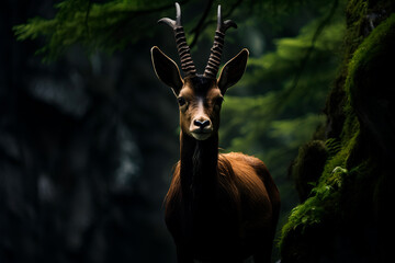 In a breathtaking European woodland,nestled near a cliff,a majestic chamois posed for a portrait with antlers reaching towards the sky,symbolizing the harmonious connection between nature and wildlife
