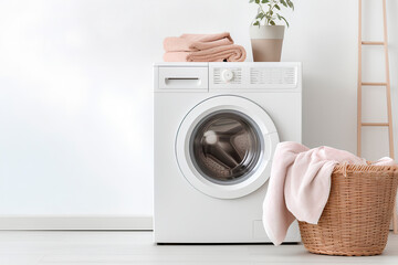 Modern washing machine and laundry basket in a bathroom with a white wall, offering ample text space.
