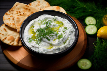 Tzatziki dip: cucumber, sour cream, Greek yogurt, lemon juice, olive oil, dill, with Pita bread. Ample copyspace for text.