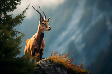 In a breathtaking European woodland,nestled near a cliff,a majestic chamois posed for a portrait with antlers reaching towards the sky,symbolizing the harmonious connection between nature and wildlife