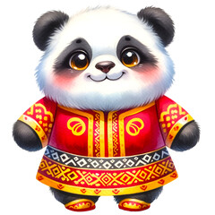 Creative watercolor illustration of a cute Panda animal wearing a creative national costume of Kyrgyzstan, perfect for creative clipart use.