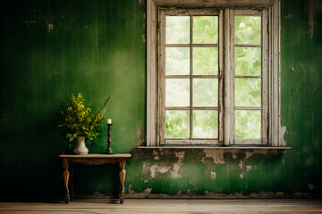Within a vintage wooden house, the interior design features white walls and grunge-inspired decor with green accents. Light filters through the old window, adding to the ambiance.