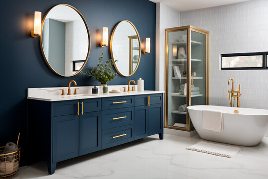 Brand new luxury home showcases a beautiful bathroom flooded with light, featuring a spacious vanity with dark blue cabinets, two sinks, a bathtub, circular mirrors, and a stylish closet.