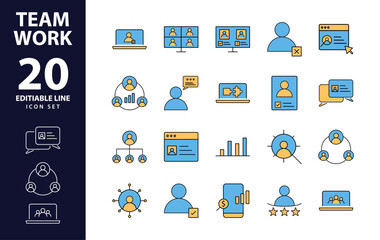 Business teamwork, team building, work group and human resources minimal thin line web icon set. Outline icons collection. Simple vector illustration. Minimal and Modern. Color Fill