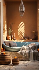 boho style living room interior with blue sofa and natural materials