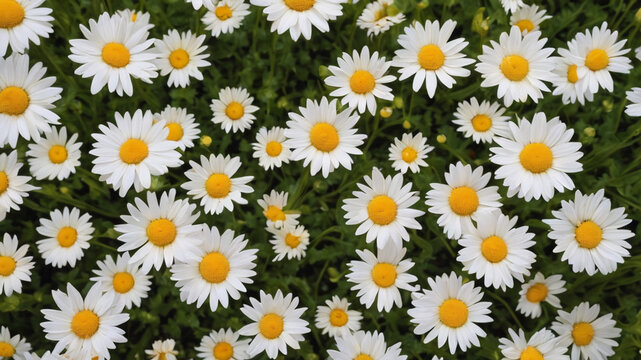 German chamomile white daisy flowers with yellow center blooming in a botanical garden or park